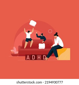 Attention Deficit Hyperactivity Disorder ADHD, Stressed Psychotherapist with Behavioral disorder children