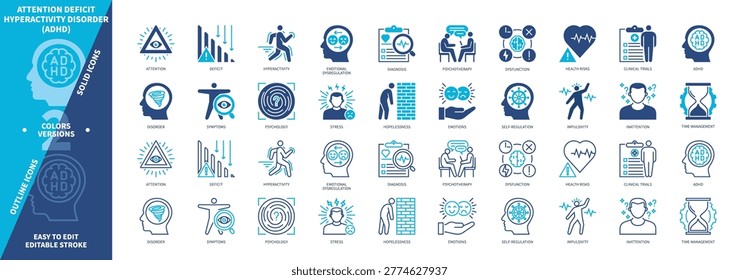 Attention Deficit Hyperactivity Disorder ADHD icon set. Psychotherapy, Impulsivity, Stress, Self Regulation, Inattention. Duotone color solid and editable outline icons