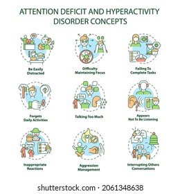 Attention deficit and hyperactivity disorder concept icons set. Be easily distracted idea thin line color illustrations. Difficulty maintaining focus. Vector isolated outline drawings. Editable stroke