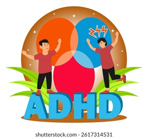 Attention deficit hyperactivity disorder  Concept. Two children interacting energetically, showcasing expressive behaviors related to Attention deficit hyperactivity disorder. 