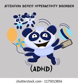 Attention Deficit Hyperactivity Disorder. Mental Health Problem. Little cute hyperactive panda with parents on a gray background. Vector illustration for websites, brochures, magazines. Cartoon, Flat.