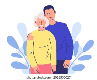 Attention to the desired person. Happy adult son hugs an old mother, feeling love for each other. grandson hugs grandmother.
