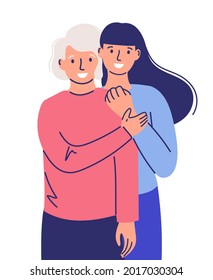 Attention to the desired person. Happy adult daughter hugs old mother, feeling love for each other. young woman hugs grandmother.
