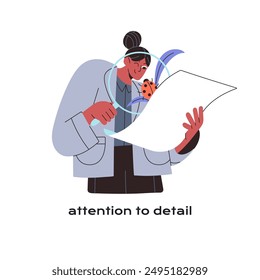 Attention to details concept. Employee does research, explores papers through magnifier. Perfectionist with obsession to precision. Person searches solution. Flat isolated vector illustration on white