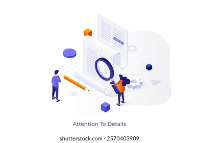 Attention to Details isometric conceptual template. Checkout of article before publishing vector illustration for webpage design. Information performance control. Web application development