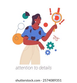 Attention to details soft skills of good employee. Vector flat cartoon character, isolated woman listening and investigating issues. Personal and business growth and development of manager