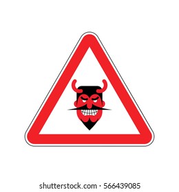 Attention devil. Dangers of red road sign. Satan Caution!
