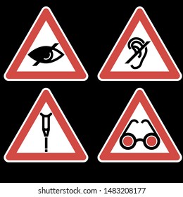 Attention. Disabled people. Set of signs.
Triangular warning signs with graphic symbols - red, black.