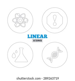 Attention and DNA icons. Chemistry flask sign. Atom symbol. Linear outline web icons. Vector