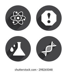 Attention and DNA icons. Chemistry flask sign. Atom symbol. Circles buttons with long flat shadow. Vector