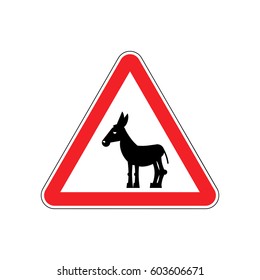 Attention donkey driving. jackass on red triangle. Road sign attention stupid loser