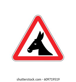 Attention donkey driving. jackass on red triangle. Road sign attention stupid loser