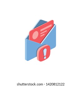 Attention email, exclamation mark. Premium quality. Vector 3d isometric color icon new flat style. Creative illustration, idea for infographics.