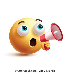 Atenção emoji 3d clipart personagem. Emoji anunciando, segurando megafone, falando, advertência, protesto, preocupação e comunicando elementos gráficos ícone redondo amarelo. Atenção de ilustração vetorial