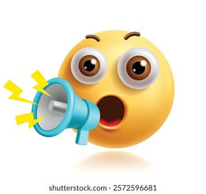 Attention emoji clipart 3d character. Emoji face in announcing, warning, shouting, speaking, scream and protest facial expression with megaphone loud speaker. Vector illustration attention emoticon 