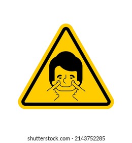 Attention Fake smile. Caution counterfeit joy. Warning yellow road sign