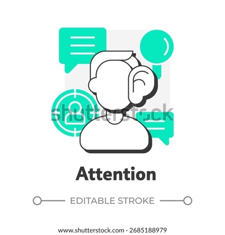 Attention flat outline concept icon. Social interaction, messaging. Active listening. Online chatting, messaging. Modern line illustration with green glyphs. Conceptual visual. Easy to edit