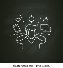 Attention focus chalk icon. Man limiting attention and ignoring social media distractions. Sign for mindfulness practice and productive thinking. Isolated vector illustration on chalkboard