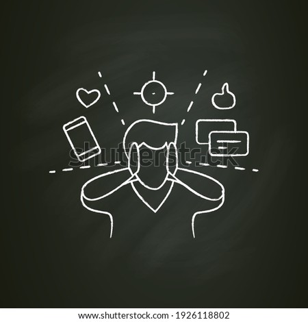 Attention focus chalk icon. Man limiting attention and ignoring social media distractions. Sign for mindfulness practice and productive thinking. Isolated vector illustration on chalkboard