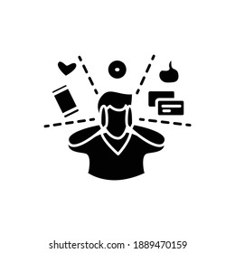 Attention focus glyph icon. Man limiting attention and ignoring social media distractions. Filled flat sign for mindfulness practice and productive thinking. Isolated silhouette vector illustration