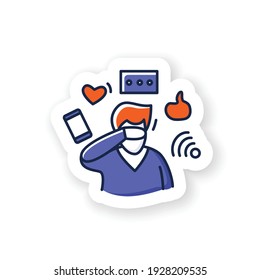 Apósito de atención. Hombre ignorando las notificaciones de medios sociales insignia para los diseños. Concepto para la gestión de foco mental, filtrado de flujo de información y práctica de la conciencia emblema vectorial