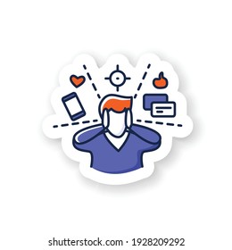 Apósito de atención. Hombre limitando la atención e ignorando las distracciones de los medios sociales. Signo para la práctica de la conciencia y el emblema del vector del pensamiento productivo