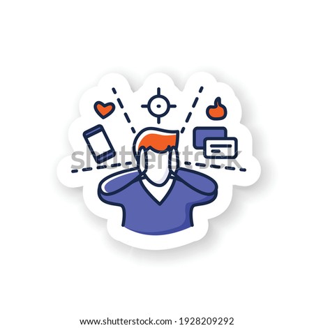 Attention focus sticker. Man limiting attention and ignoring social media distractions badge for designs. Sign for mindfulness practice and productive thinking vector emblem