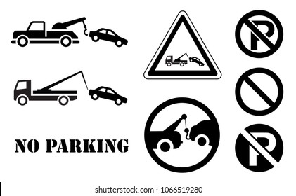 Attention forbidden no parking zone sign Tow car truck service and warning to evacuator dragged area Vector traffic towing icon Beware caution or alert forbid car stop admittance Do not enter loading