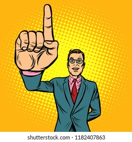 attention gesture man. index finger up. Pop art retro illustration vintage kitsch drawing