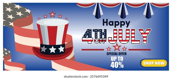 Attention grabbing Fourth of July sale promotion featuring patriotic American symbols, including a top hat and flag.  Flat vector modern illustration