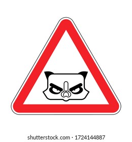 Attention Grumpy Cat. Caution Angry pet. Red triangle road sign