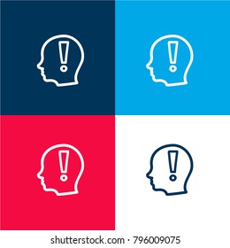 Attention hand drawn symbol of an exclamation sign inside bald head from side view four color material and minimal icon logo set in red and blue