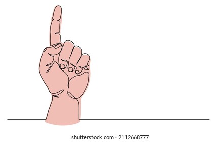 Attention hand gesture. Arm pointing direction with forefinger. One continuous line art drawing vector illustration of hand gesture.