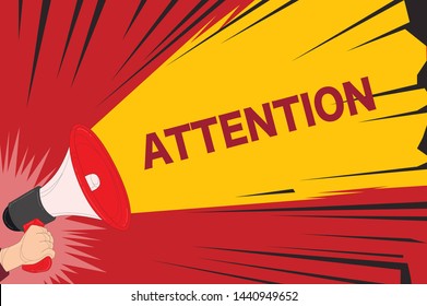 Attention! Hand holding megaphone on red background. Vector illustration.