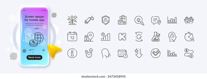 Attention, Histogram and Sun protection line icons for web app. Phone mockup gradient screen. Pack of Money transfer, Info, Energy pictogram icons. Chemistry lab, Time management, Puzzle signs. Vector