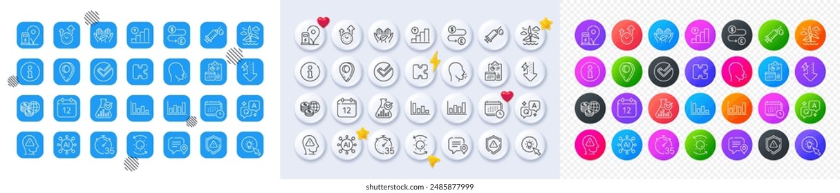 Iconos de línea de atención, histograma y protección solar. Cuadrado, Degradado, Botones 3d de chincheta. Iconos de AI, QA y pin de mapa. Paquete de transferencia de dinero, información, icono de energía. Vector