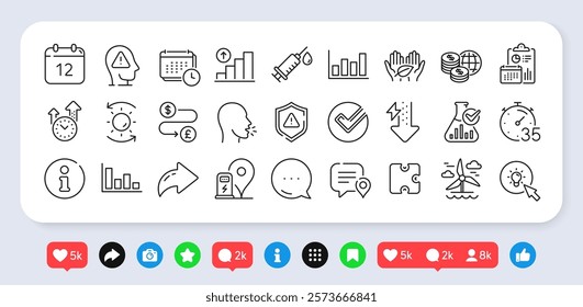 Attention, Histogram and Sun protection line icons pack. Social media: share, comment, like icons. Money transfer, Info, Energy web icon. Chemistry lab, Time management, Puzzle pictogram. Vector