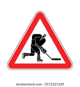 Attention hockey sign. Caution hockey player. Red triangular road sign