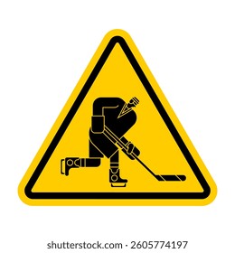 Attention hockey sign. Caution hockey player. Yellow triangular road sign