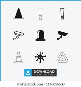 Attention icon. collection of 9 attention filled and outline icons such as siren, security camera, exclamation point, cone. editable attention icons for web and mobile.