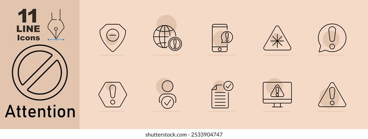 Ícone de Atenção. Sinal proibido, alerta de localização, globo com exclamação, alerta móvel, aviso triangular, alerta de fala, ponto de exclamação, lista de verificação aprovada, alerta de documento, aviso, aviso de hexágono