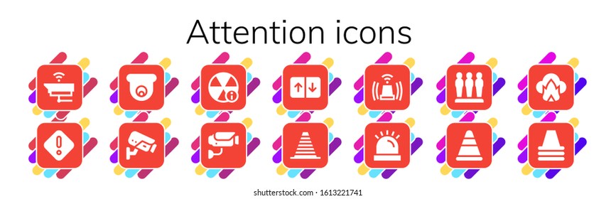 attention icon set. 14 filled attention icons.  Simple modern icons such as: Cctv, Danger, Alert, Surveillance, Elevator, Cone, Siren, Barrier, Dangerous