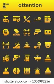 attention icon set. 26 filled attention icons.  Simple modern icons about  - Cctv, Barrier, Https, No calls, Whistle, Elevator, Memorize, Mental disorder, Escalator down, Warning