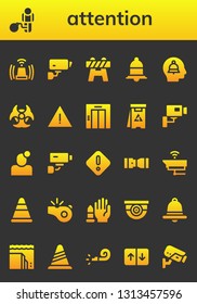 attention icon set. 26 filled attention icons.  Collection Of - Siren, Restriction, Cctv, Barrier, Notification, Alert, Biohazard, Elevator, Danger, Security camera, Seat belt