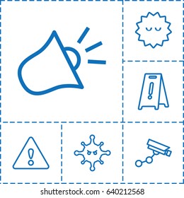 Attention icon. set of 6 attention outline icons such as security camera, wet floor, bacteria, siren
