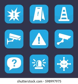 attention icon. Set of 9 filled attention icons such as cone barrier, siren, wet floor, bacteria, security camera, exclamation