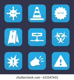 Attention icon. set of 9 filled attention icons such as wet floor, cone, bacteria, siren, warning, hazzard, exclamation