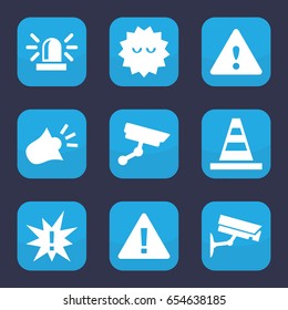 Attention icon. set of 9 filled attention icons such as siren, cone, bacteria, warning, security camera