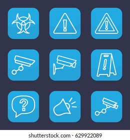 Attention icon. set of 9 outline attention icons such as security camera, wet floor, warning, siren, security camera, hazzard