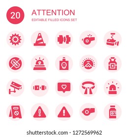 attention icon set. Collection of 20 filled attention icons included Explosion, Cone, Seatbelt, Whistle, Cctv, No weapons, Siren, Poison, Paramount, Seat belt, Notification, Belt